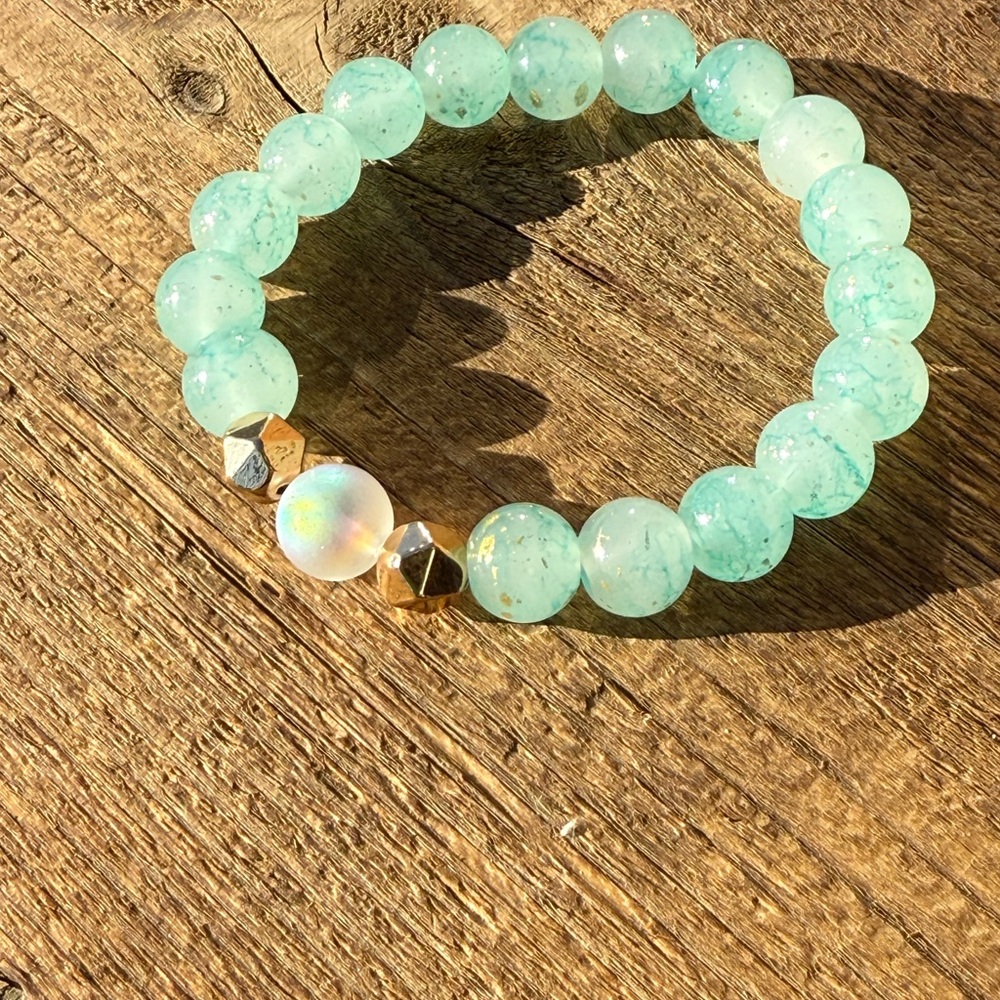 Elegant Aqua Amazonite with a moonstone with gold effects Beaded Bracelet